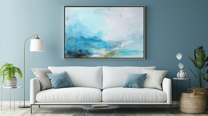 Frame mockup, a dynamic blend of modern art and coastal serenity elevates the room s design, creating harmony
