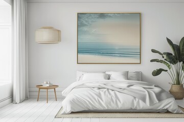 Frame mockup, a serene seascape painting inspires tranquility in any room, blending seamlessly with the minimalist decor