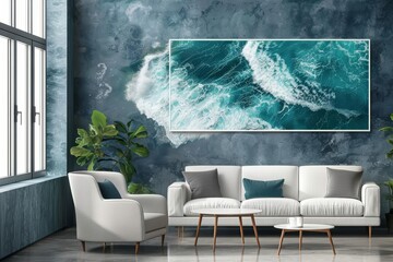 Frame mockup, an abstract painting of ocean waves, adds a splash of creativity to a minimalist living room