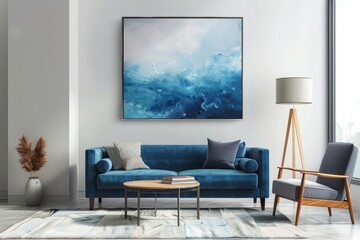 Frame mockup, an abstract painting of ocean waves, adds a splash of creativity to a minimalist living room