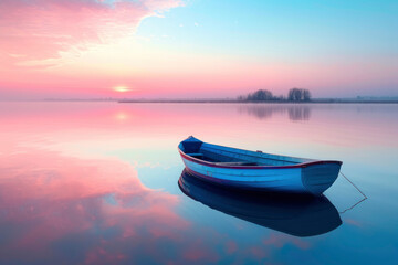 Wooden boat with pink sunrise beach horizon background