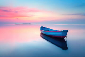 Naklejka premium Wooden boat with pink sunset beach horizon background