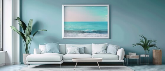 Frame mockup, the soft blues and greens of the ocean contrast beautifully with sleek modern furniture, adding a touch of nature