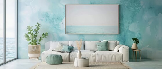 Frame mockup, the soft blues and greens of the ocean contrast beautifully with sleek modern furniture, adding a touch of nature