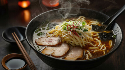 A Close-Up Unveiling the Steamy Symphony of Flavor in a Bowl of Ramen, Overflowing with Rich Broth and Noodles, Intertwined with Sliced Pork, Nori, Menma, and Scallions