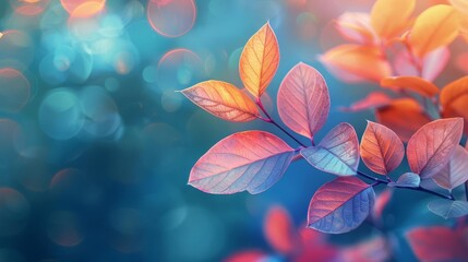 Beautiful nature background with beautiful leaves on a blue and orange blurred color background...