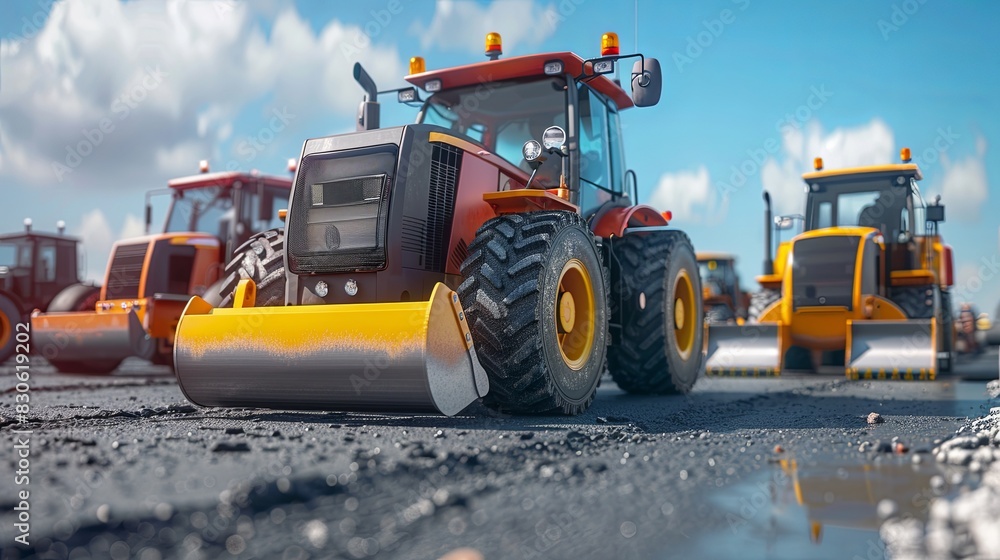 Poster A row of colorful tractors parked neatly on a road, waiting to be put to work for road construction projects. Generative AI