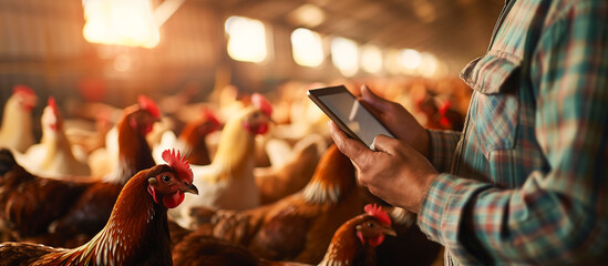 farmer using tablet in the modern indoor chickens farm