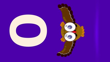 O letter big color vertical like owl flying cartoon animation. Animal bird loop. Educational serie with bold style character for children. Good for education movies, presentation, learning alphabet, e