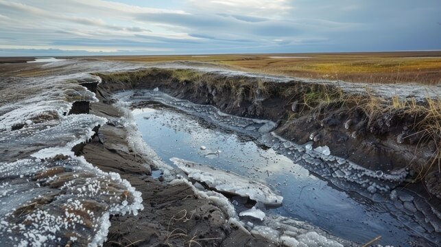 Thawing Permafrost: Document thawing permafrost landscapes in Arctic regions, with melting ice releasing greenhouse gases and destabilizing infrastructure built on frozen ground. 