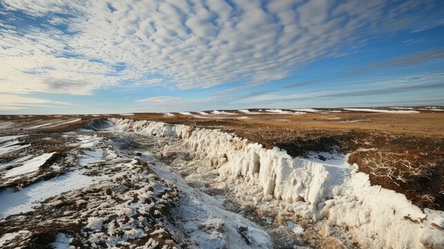 Thawing Permafrost: Document thawing permafrost landscapes in Arctic regions, with melting ice releasing greenhouse gases and destabilizing infrastructure built on frozen ground. 