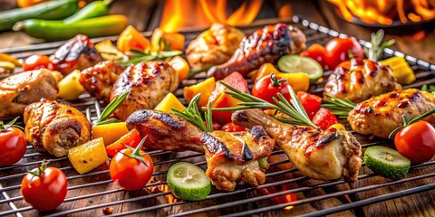 Grilled wings with assorted vegetables on a barbecue grill