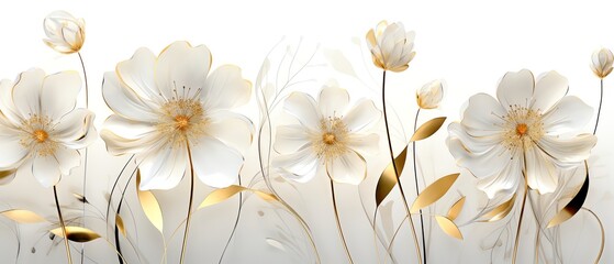 Elegant white and gold floral illustration with watercolor effects, showcasing delicate flowers and leaves against a soft background.