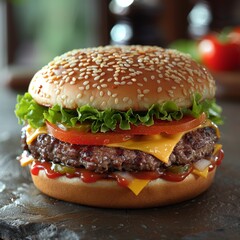 Cheeseburger - Juicy burger with melted cheese, lettuce, tomato, and a sesame seed bun.