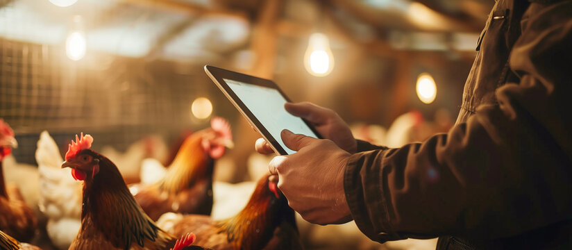 farmer using tablet in the modern indoor chickens farm