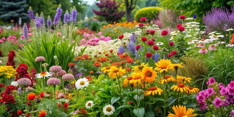 Wild garden plants with a variety of colorful flowers and foliage, isolated on a background