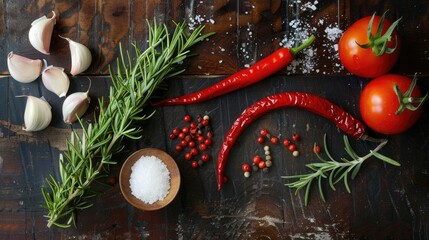 Ingredients for an Asian cookbook cover red chili tomato salt garlic and rosemary displayed on a dark wooden surface - Powered by Adobe
