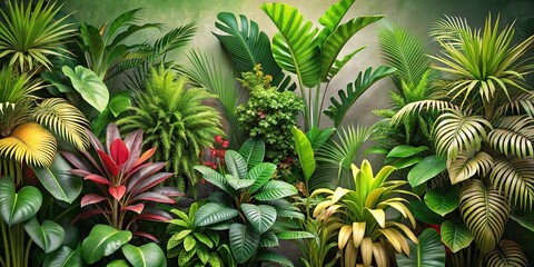 A collection of tropical plants set against a background