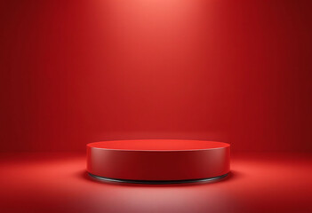 Empty pedestal display on red background with stand for product show or presentation