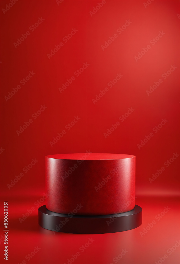 Poster empty pedestal display on red background with stand for product show or presentation
