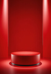 Empty pedestal display on red background with stand for product show or presentation