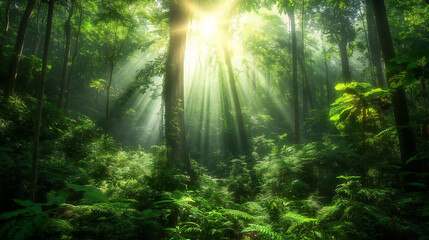 Fototapeta premium Lush, green forest with sunlight streaming through the trees, creating a peaceful and enchanting natural scene filled with verdant foliage.