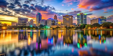 Orlando, Florida skyline at dusk with colorful city lights reflecting on the water