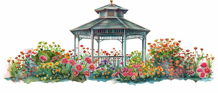 watercolor gazebo with colorful flowers in garden clip art preview