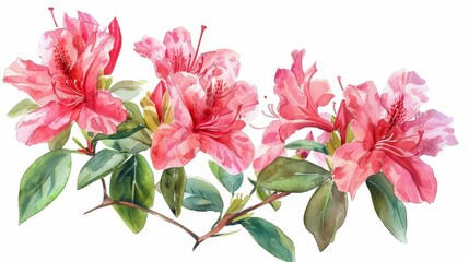 Obraz premium Set of water color of an azalea, with bright pink flowers, blooming in a tranquil zen garden, Clipart isolated on white