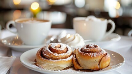 Cinnamon rolls paired with a latte during afternoon tea