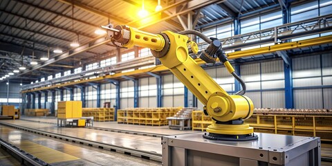 Robotic arm in yellow above industrial workstation in warehouse setting