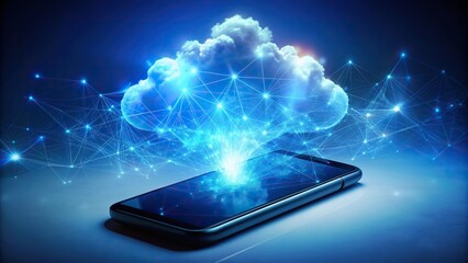 Abstract image of glowing clouds above a cell phone, symbolizing cloud computing and internet connection
