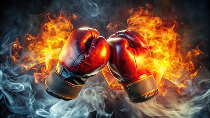 Closeup of boxing gloves engulfed in flames and smoke, representing intensity and power in a sport tournament setting