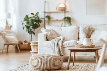A cozy interior adorned with minimalist decor, featuring soft lighting, neutral tones.