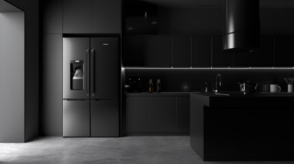Modern Industrial Kitchen with Black Refrigerator and Concrete Wall.