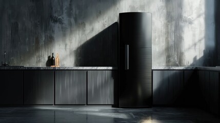 Modern Industrial Kitchen with Black Refrigerator and Concrete Wall.