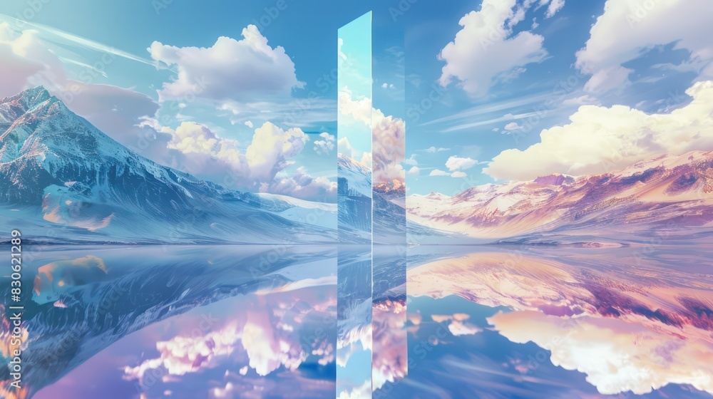 Poster the tower of reflection: illustrate a towering structure reflecting distorted images of the surround