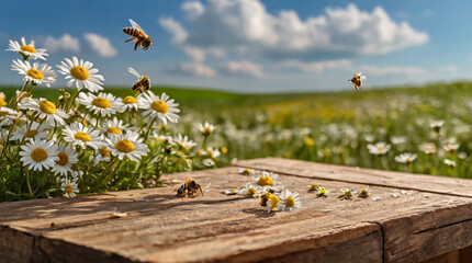 Rustic wooden table with chamomile flowers field in the background, countryside summer day