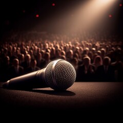 Obraz premium A spotlight illuminates a microphone on stage, ready for a singer or speaker to take center stage