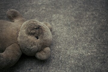Close up abandoned bear on cement floor