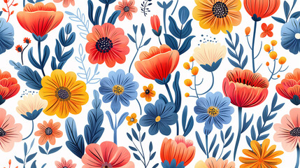 beautiful detailed colorful flowers seamless pattern, scandinavian art