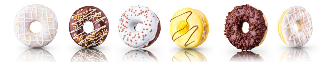 Set of chocolate glazed donut with sprinkles on a white background rotated