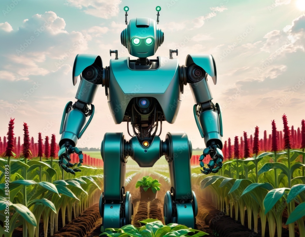 Poster a teal agricultural robot meticulously manages crop rows, symbolizing the merge of robotics with mod