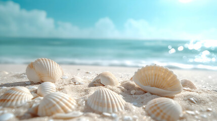 seashells on the beach, with a clear blue sky