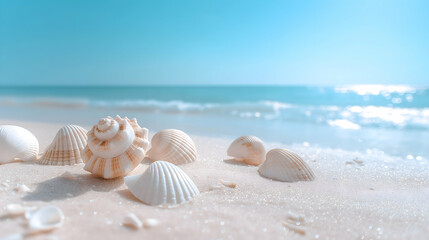 Fototapeta na wymiar seashells on the beach, with a clear blue sky