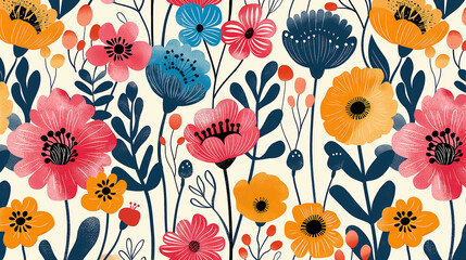 beautiful detailed colorful flowers seamless pattern, scandinavian art