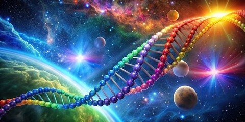 of biological molecules interacting with colorful rainbow DNA in space