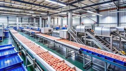 Industrial factory setting with machines and conveyor belts for frozen food production