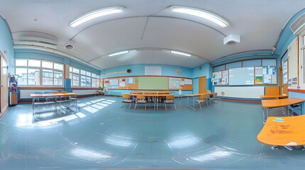 panorama view, equirectangular projection, seamless panorama of British school classroom interior, seamless panorama, equirectangular