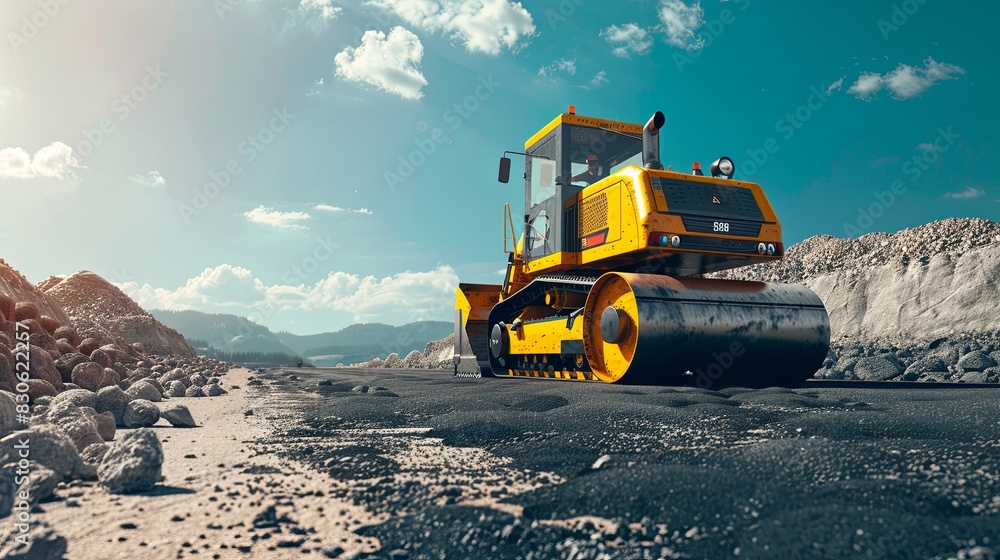 Poster a large yellow bulldozer powers through a rough and rocky landscape, its massive blade pushing aside